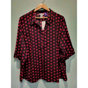 New Catherines Black Red Polkadot 3/4 Sleeve Button Up Blouse Sz 2Xp